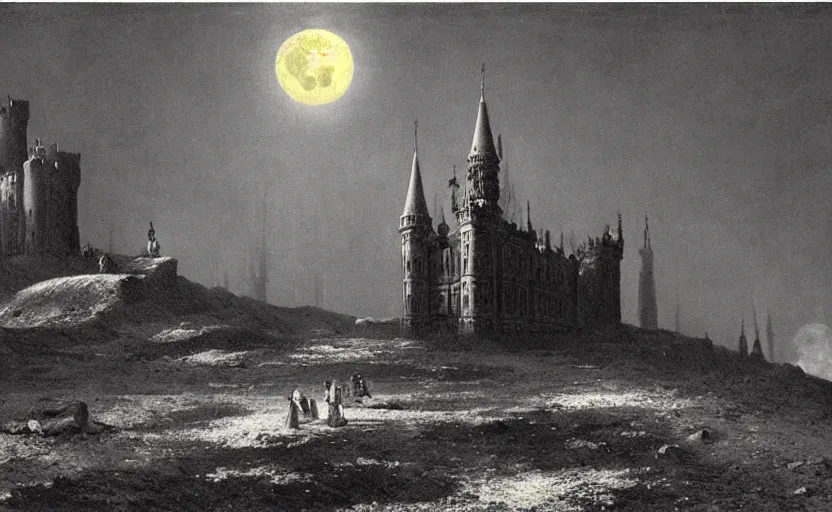 Image similar to a picture in high contrast by vasily vereshchagin of burning!!! gothic! castle in smoke on a hill, full moon in clouds, visual art, 8 k resolution, 3 d modelling, hard lighting