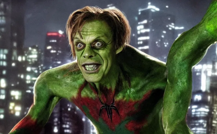 Prompt: steve buscemi as the green goblin, movie still from spiderman film, hdr, epic composition