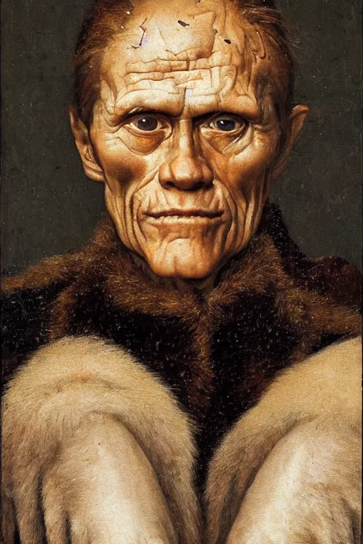 Image similar to portrait of willem dafoe with too many face wrinkles, oil painting by jan van eyck, northern renaissance art, oil on canvas, wet - on - wet technique, realistic, expressive emotions, intricate textures, illusionistic detail