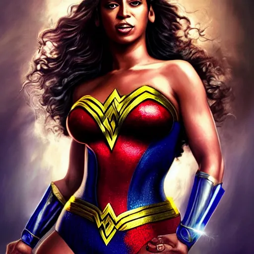 Image similar to beyonce as wonder woman, digital painting, extremely detailed, 4 k, intricate, brush strokes, mark arian, artgerm, bastien lecouffe - deharme