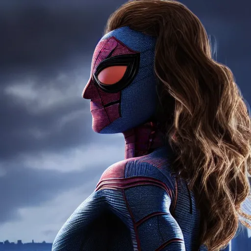 Prompt: A photo of an live-action animated SpiderMan movie starring emma watson. Emma watson face reveal. rendered in Unreal Engine, 8K concept art, detailed, cohesive, mixed media, volumetric lighting, ambient occlusion, 8K 3D, shot on Kodak Ektar