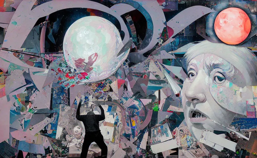 Image similar to decollage painting old white - headed man under the huge moon on a street of ruined city by adrian ghenie and takato yamamoto and edward hopper and mark ryden and tsutomu nihei, part by bridget riley, acrylic pour and splashing paint, very coherent, baroque elements, perfect anatomy, intricate design. pop art.