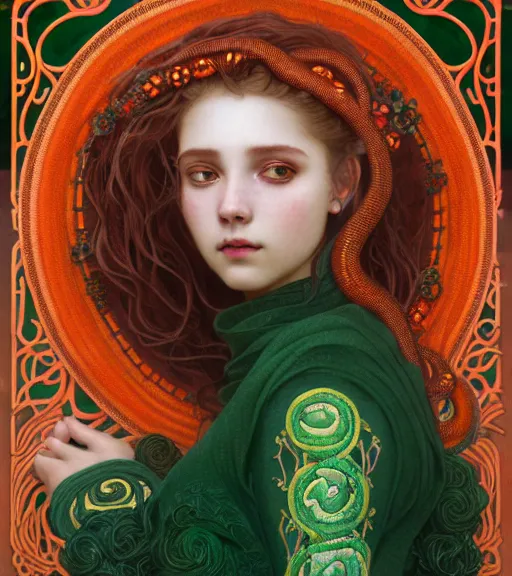 Image similar to portrait of teenage medusa, snake hair, naughty smile, wearing an embroidered orange tunic, intricate, sensual, sultry, elegant, copper and emerald jewelry, glowing lights, seductive, highly detailed, digital painting, artstation, concept art, smooth, sharp focus, illustration, art by wlop, mucha, artgerm, and greg rutkowski