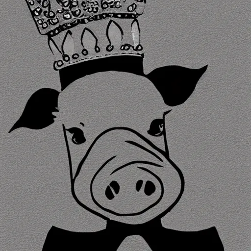 Image similar to pig wearing crown, anime style art, black and white, 30mm