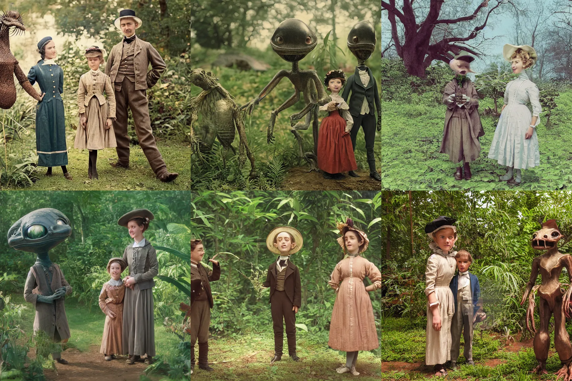 Prompt: detailed, sharp, a girl and a boy standing next to some strange wild alien plants, looking happy, wearing 1850s era clothes, their small pet alien creature is standing nearby, in a park on a strange alien planet, extremely highly detailed, still from a classic period sci fi color movie, 4k, 35mm macro lens, cinematic lighting