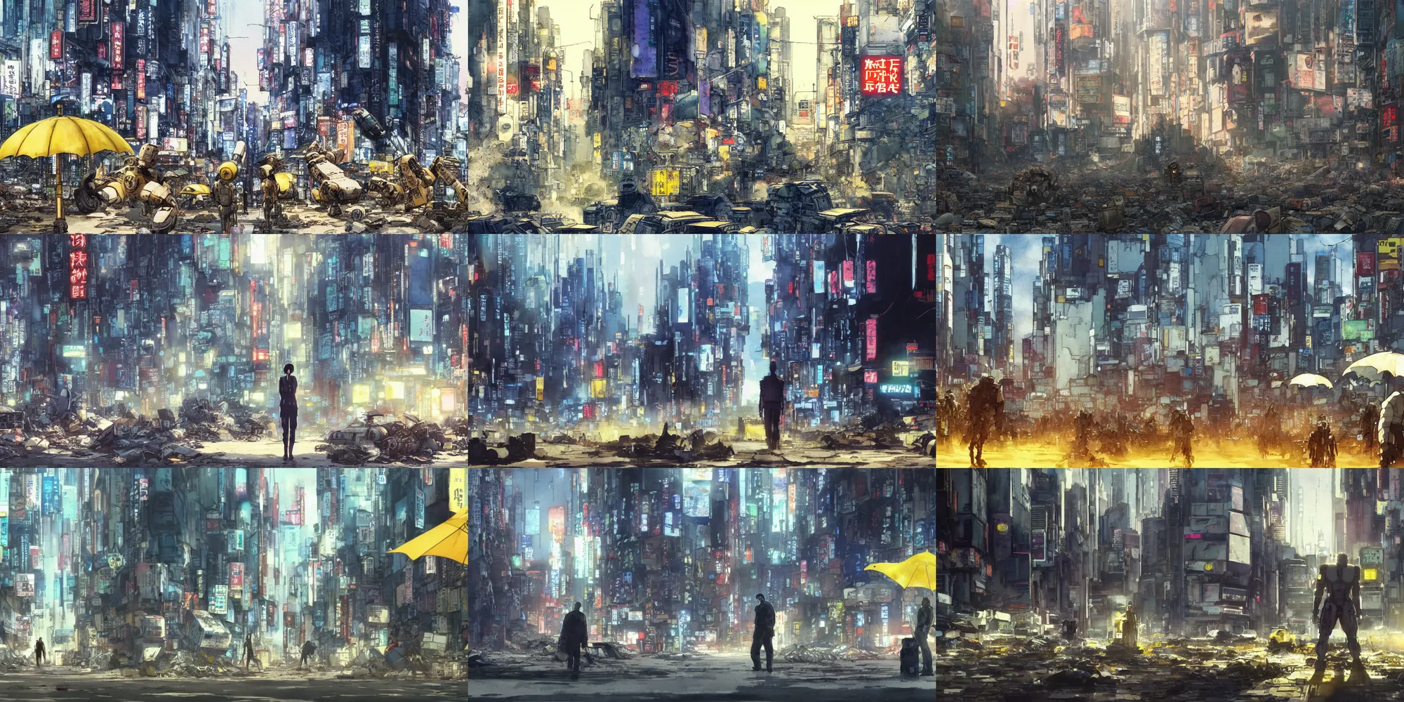 Prompt: incredible wide screenshot, ultrawide, simple watercolor, watercolor paper, rough paper texture, katsuhiro otomo ghost in the shell movie scene, backlit distant shot of a giant robot invasion side view, robots fight, robot eyes, robot head, robot shadow, robot crusher, people panic, looking up, yellow parasol in deserted dusty shinjuku junk town, broken vending machines, dusty ground, dirt, at noon ,bold graphic graffiti, old pawn shop, bright sun bleached ground, mud, fog, dust, windy, scary robot monster lurks in the background, ghost mask, teeth, animatronic, black smoke, pale beige sky, junk tv, texture, shell, brown mud, dust, tangled overhead wires, telephone pole, dusty, dry, pencil marks, genius party,shinjuku, koju morimoto, katsuya terada, masamune shirow, tatsuyuki tanaka hd, 4k, remaster, dynamic camera angle, deep 3 point perspective, fish eye, dynamic scene