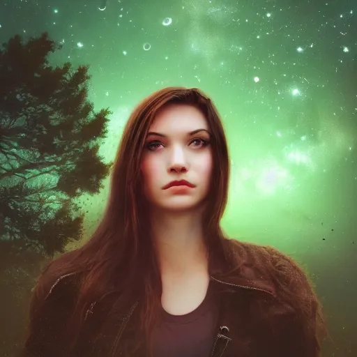 Image similar to an hd photo of a young woman with short wavy brown hair and green eyes, beautiful trees in the background, night sky with stars and galaxies, trending on artstation