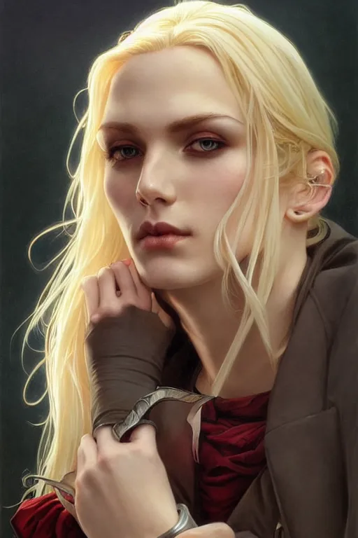 Image similar to portrait of a blonde vampire, dark, piercing eyes, gentle expression, elegant clothing, photorealistic, highly detailed, artstation, smooth, sharp focus, art by michael whelan, artgerm, greg rutkowski and alphonse mucha