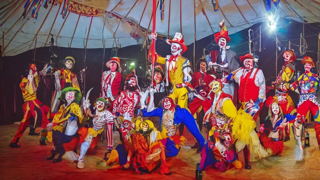 Image similar to of a gang of circus clowns, drinking alcohol, inside a circus tent
