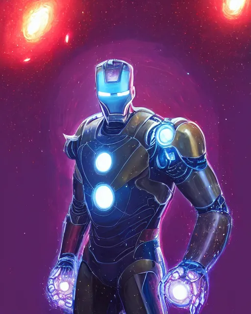 Prompt: a character portrait of handsome iron man with glow, surrounded with spiriling sparkling flash crystals and galaxies, by jesper ejsing, aleksi briclot, hyper light drifter, by ilya kuvshinov katsuhiro, jim burns, ed emshwiller, greg rutkowski, trending on artstation