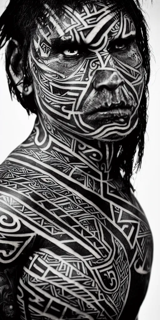 Prompt: portrait of a maori warrior, 3 0 yo, angry look, tattoos, dark background, studio light, hdr, nikon 3 5 mm f / 1. 8 g, by sebastiao salgado