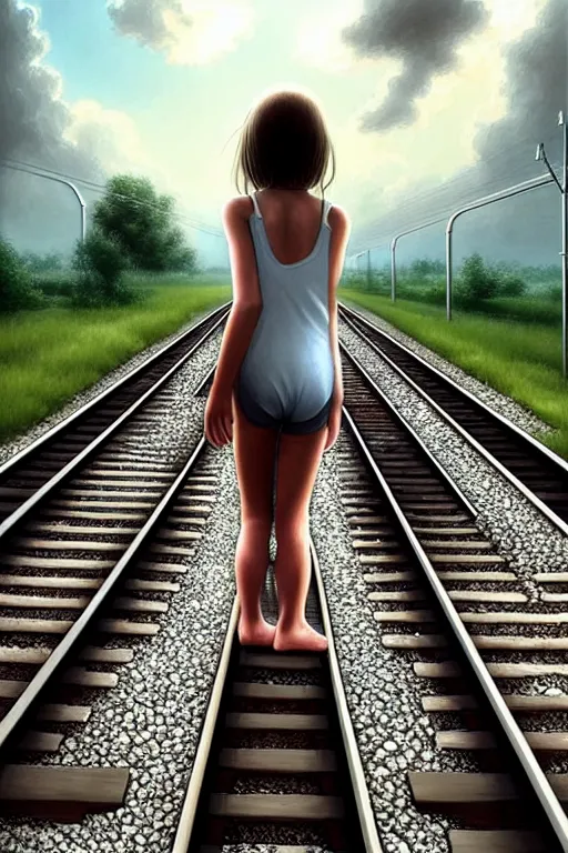 Image similar to reflective water submerges invisible underwater train tracks as a barefoot girl carries her shoes, there is a train station in the distance and large white clouds on a wide horizon, intricate, elegant, highly detailed, digital photo, artstation, concept art, smooth, sharp focus, low angle photo, art by artgerm and greg rutkowski and fra angelico