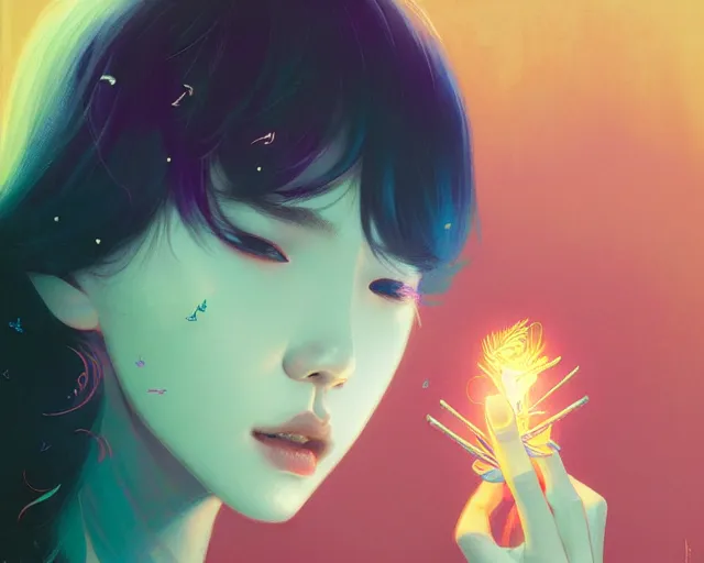 Prompt: harmony of butterfly, mute, neon light language, ( black haired yoongi holding a lighter & blonde jimin crying ) by wlop, james jean, victo ngai, beautifully lit, muted colors, highly detailed, fantasy art by craig mullins, thomas kinkade