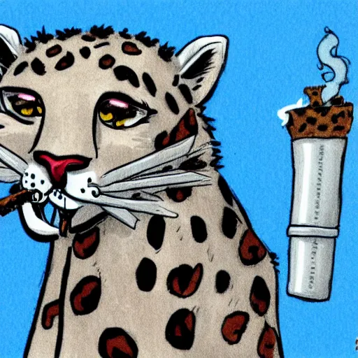 Image similar to Snow leopard smoking a spliff in his mouth, cartoon