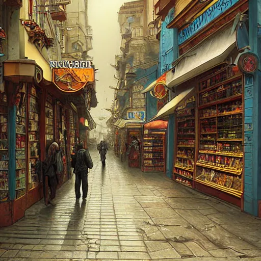 Prompt: A fantasycore of a convenience store with photograph of 2099 portugal lisbon on the street of a very highly detailed logital eldritch city matte painting art by Greg Rutkowski, a 12x(very) much detailed Dimensional cyan gold natural light, highly detailed by alphonse mucha, a 12x(very) much detailed by Eta Cru and James Gurney and Donato Giancola, composition by alphonse mucha