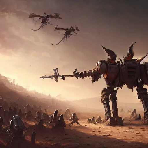 Prompt: a digital painting of crusader robots, matte painting, hyper realistic, very detailed, dramatic scene, realistic lighting, dark fantasy, 4 k, in the style of greg rutkowski,