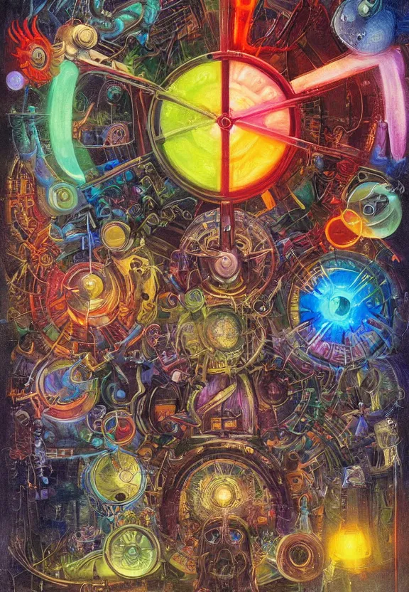 Image similar to colorful medical equipment, cameras, radiating, neon light mandala, portal, minimalist environment, by ryan stegman and hr giger and esao andrews and maria sibylla merian eugene delacroix, gustave dore, thomas moran, the movie the thing, pop art, biopunk, i'm the style of piet mondrian saturated
