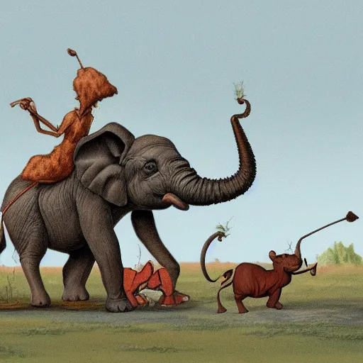 Prompt: a giant ant fighting a small elephant