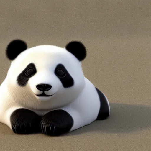 Image similar to 3 d render of a fluffy panda sunbathing on a beach,