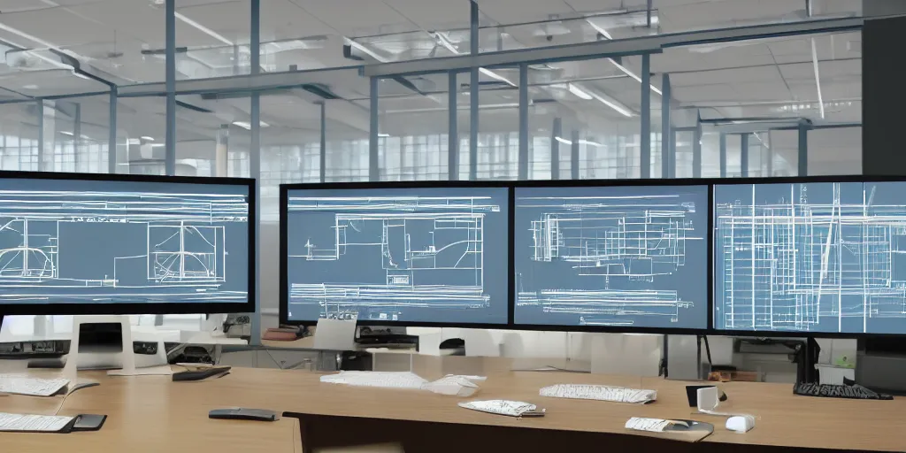 Prompt: realistic photograph of orwellian computer monitors in an urban office setting with graphs shown as blueprints and schematic drawings on the screen, ultra realistic, by cedric peyravernay, intracate detail, digital painting, industrial art style, mirrors edge art style, ambient lighting, misty, artstation, cgsociety, octane render, 3 5 mm film grain