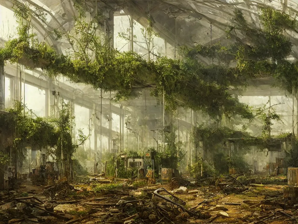 Prompt: Interior of a post apocalyptic gas station reclaimed by greenery, highly detailed, oil on canvas, by Ivan Shishkin and Aivazovsky