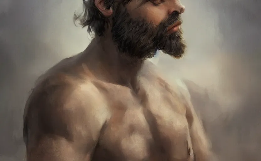 Image similar to a painting of the all father trending on artstation in the style of greg rutkowski, beautiful, male, sensual, natural skin, beard