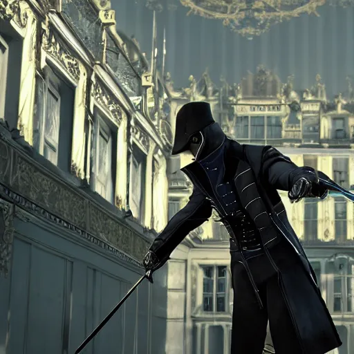 Prompt: corvo from dishonored preparing an assassination at chateau de Versailles, high-resolution, very detailed, hyper realistic, 8k