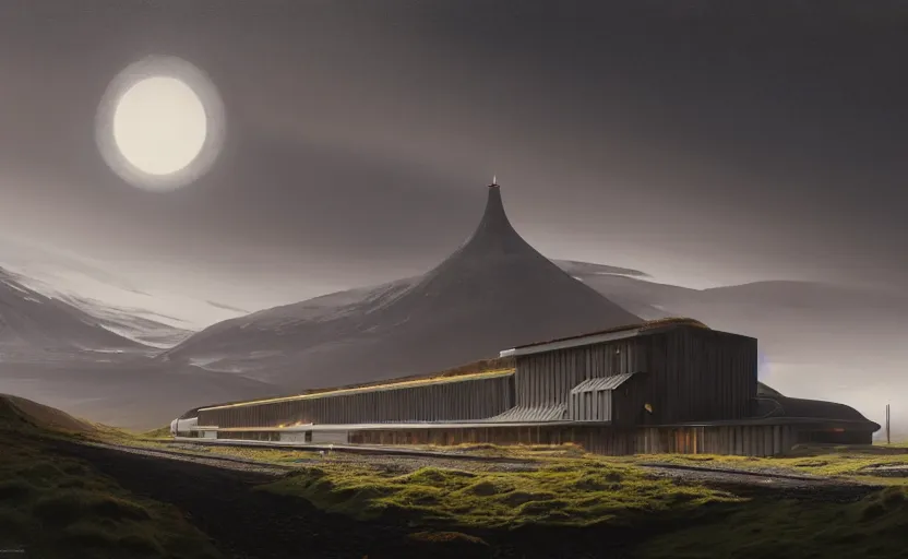 Image similar to exterior shot of utopian train station on in the middle of an icelandic hill with cinematic lighting by peter zumthor and renzo piano, darek zabrocki and greg ruthkowski, simon stalenhag, cinematic, holy place, paradise, scifi, futurism, atmospheric, concept art, artstation, trending on artstation