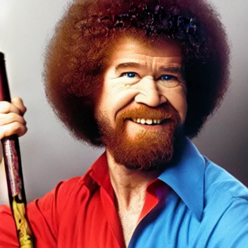 Image similar to Bob Ross fighting with nunchucks, photography
