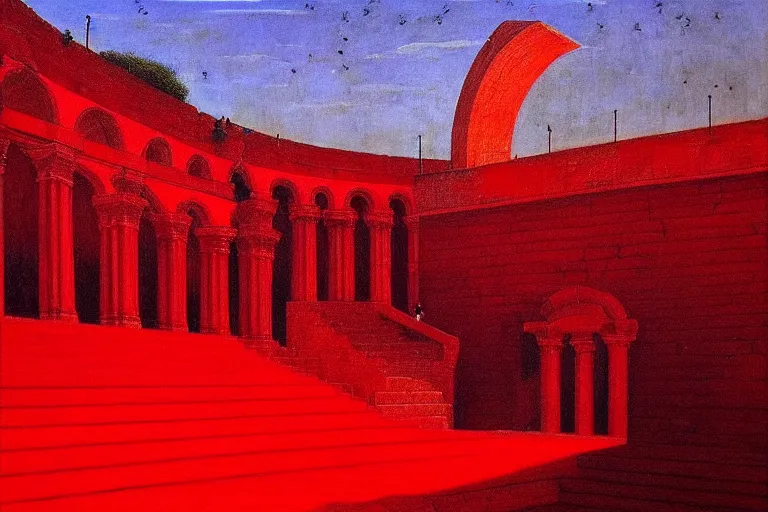 Image similar to only with red, a red melted emperor, taormina amphitheatre, crowd hails him happy, in the style of beksinski, parts by edward hopper, parts by rodcenko, parts by yue minjun, intricate and epic composition, red by caravaggio, insanely quality, highly detailed, masterpiece, red light, artstation, 4 k