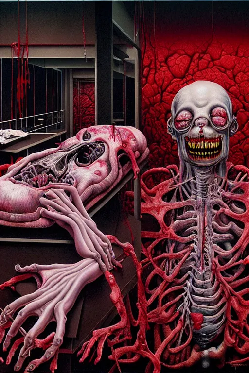 Prompt: a hyperrealistic painting of a horror slaughter house autopsy room with evil surgeons and scary creatures, cinematic horror by chris cunningham, lisa frank, richard corben, highly detailed, vivid color, beksinski painting, part by adrian ghenie and gerhard richter. art by takato yamamoto. masterpiece