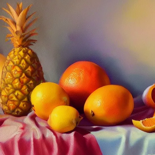 Image similar to A beautiful still life oil painting of Oranges pineapples bananas Pomegranates lying on a silk cloth, fog, volumetric, lighting, summer, hyperrealistic, art by artgerm