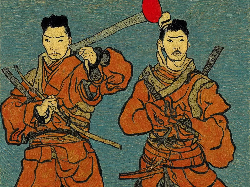 Prompt: Portrait of a Japanese Samurai warrior in the style of Van Gogh.