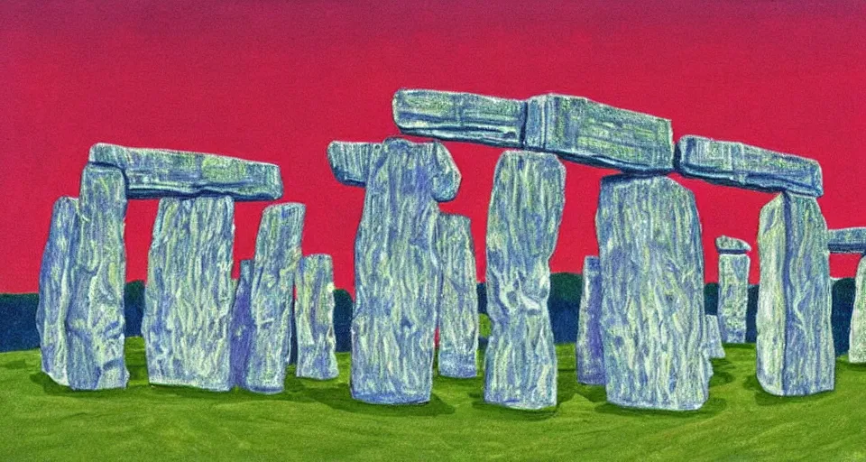 Image similar to color sketch of stonehenge, highly detailed, dramatic lighting, intense shadows, rich deep colours, by david hockney