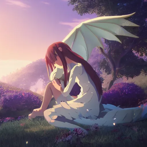 Prompt: the girl lies in the arms of the white dragon and embraced in the fairyland surrounded by white clouds, in the style of makoto shinkai animation style, 8 k render, trending on cgsociety