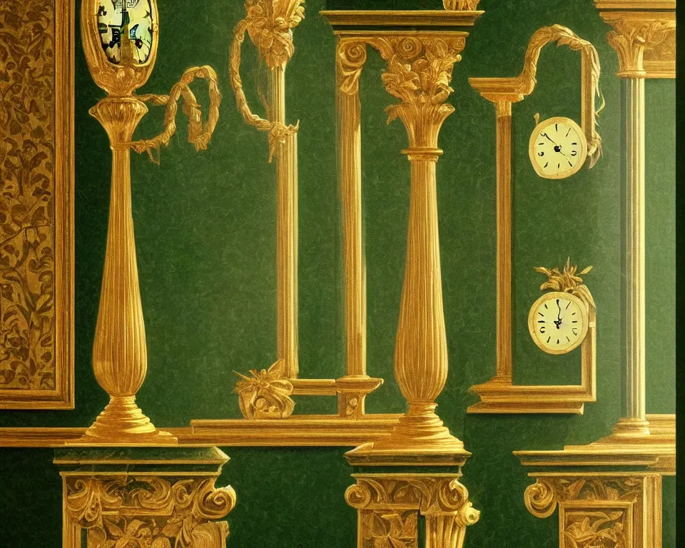 Image similar to an achingly beautiful print of gold clocks and marble corinthian capitals on a forest green wall by Raphael, Hopper, and Rene Magritte. detailed, romantic, enchanting, trending on artstation.