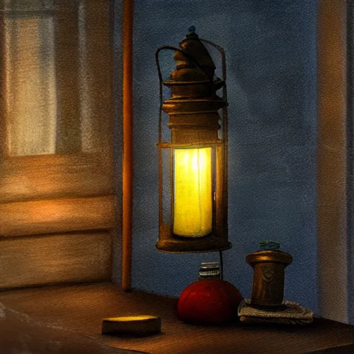 Prompt: oil lantern in musky office, dusty, cobwebs, ink stains, volumetric light, dark, art station, realistic painting