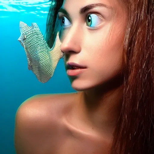 Image similar to a beautiful aquatic humanoid, gorgeous person with gills on their neck and fin - like ears, large eyed glamor woman