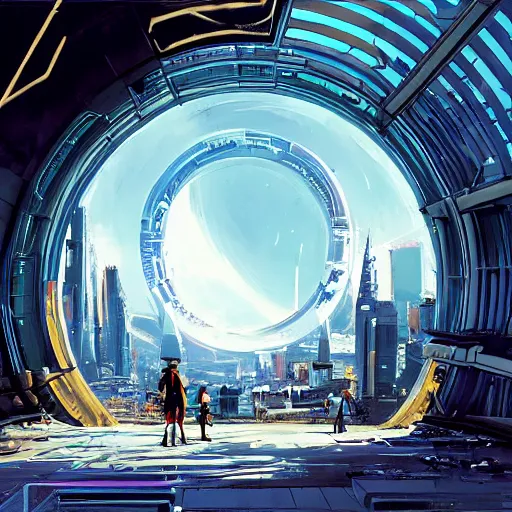 Image similar to centered circular derelict portal in a middle of a futuristic cityscape located under a bridgeway, world seen only through a portal, daylight, cinematic perspective, cinematic lighting, blue sky, syd mead, john harris, symmetrical