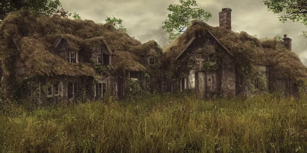 Image similar to photorealistic, ruined english cottage, overgrown vegetation, apocalypse, shadowy lurking creatures, hyperrealistic, grimdark, artstation