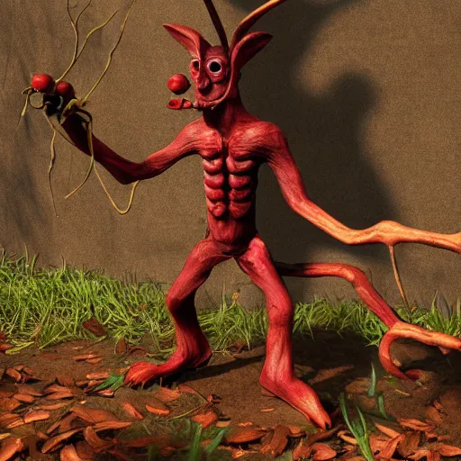 Image similar to Octane render, maya, zbrush, wacom, digital dark fantasy portrait of a wood goblin with shiny red goggles and a twig in his mouth, featured on DeviantArt.com