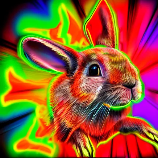 Prompt: neon explosion coming out the mouth of a rabbit, abstract high quality art