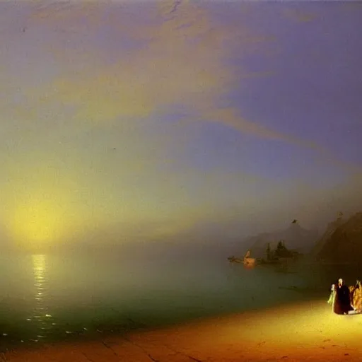 Prompt: aivazovsky's painting is an oil masterpiece. a small cozy village. stunning beautiful landscape.