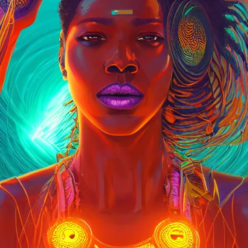 Image similar to african neon goddess, science fiction, highly detailed, digital painting, beautiful eyes, symmetry, concept art, sharp focus, illustration, global illumination, radiant light, synthwave colors, detailed and intricate environment, art by artgerm and greg rutkowski and magali villeneuve and ilya kuvshinov!