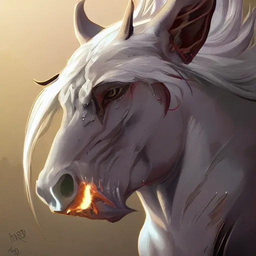 Image similar to splash art of bara horse fursona, wearing kevlar, sporting a long white mane, exaggerated muscles, highly detailed, furry, furaffinity, digital painting, artstation, sharp focus, illustration, art by artgerm, greg rutkowski, alphonse mucha