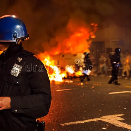 Image similar to portrait of a policeman head on fire during a riot, centered, at night ,editorial photography