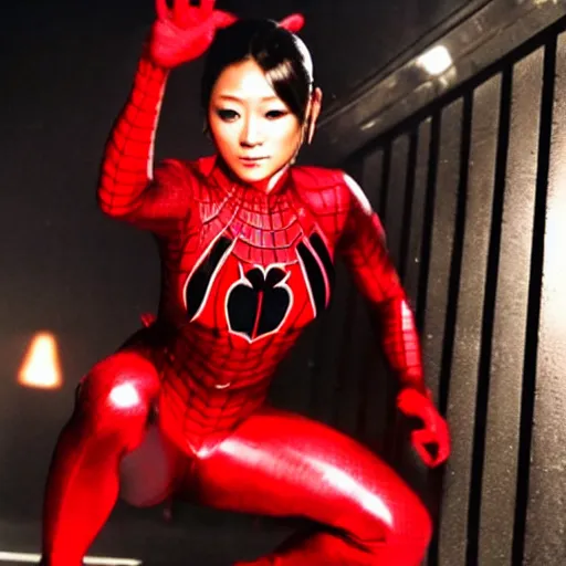 Image similar to Ayumi Hamasaki as spiderwoman , film still, best scene,