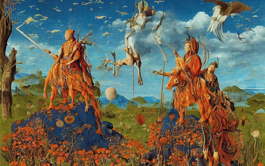 Image similar to a portrait photograph of a meditating shaman and a centaur monk riding a vulture and hunting at a river delta. surrounded by bulbous flowers and trees. mountain range under a blue sky of fiery stars. by jan van eyck, max ernst, ernst haeckel, ernst fuchs and artgerm, cgsociety, fashion editorial, 8 k