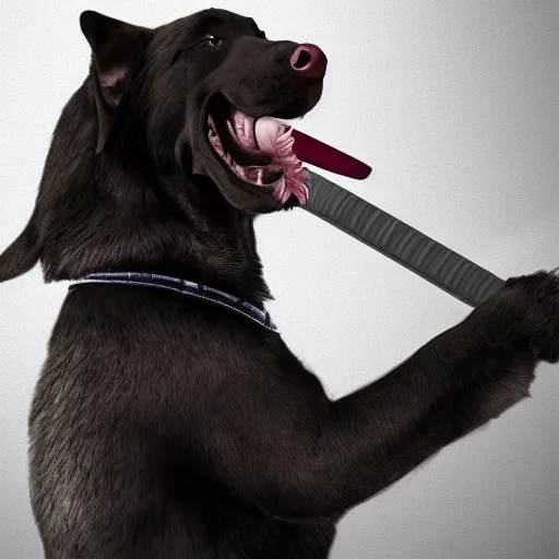 Image similar to a giant dog holding a katana in his mouth, fog, menacing, terror, high details, 4 k