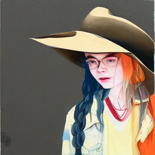 Prompt: Elle Fanning wearing a bandana and cowboy hat picture by Sachin Teng, asymmetrical, dark vibes, Realistic Painting , Organic painting, Matte Painting, geometric shapes, hard edges, graffiti, street art:2 by Sachin Teng:4